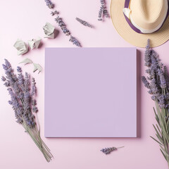 Top view of greeting or invitation card with lavender plants