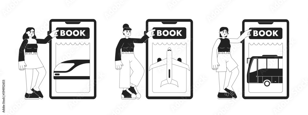 Poster book ticket online app monochrome concept vector spot illustration set. editable 2d flat bw cartoon 