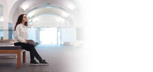 Web banner of educational excursion. Young woman sitting on bench in museum. Light hall in...