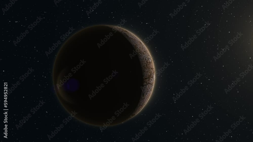 Poster abstract realistic space spinning planet round sphere with a relief stone surface in space against t
