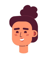 Happy woman with high messy curly bun semi flat vector character head. Editable cartoon style face emotion. Simple colorful avatar icon. Spot illustration for web graphic design and animation