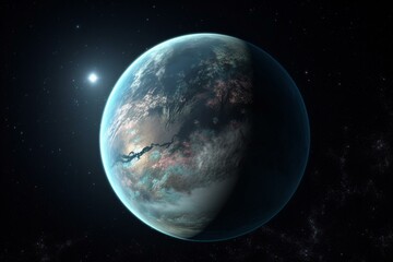 Fototapeta na wymiar Habitable exoplanet with friendly atmosphere and water. Generative AI