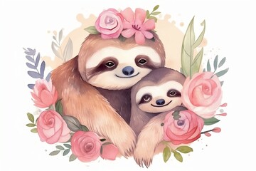 Obraz premium Card for Mother's Day. Mother sloth with baby sloth. Watercolor drawing. Generative AI