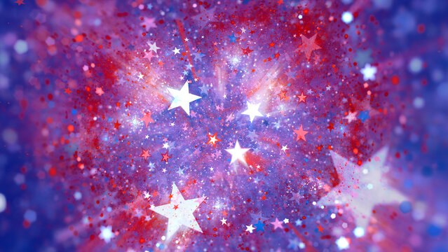 Red, white and blue stars confetti background. For USA Fourth of July American Independence Day and patriotic celebrations. Fractal art.