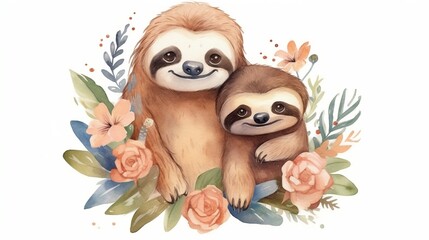 Fototapeta premium Card for Mother's Day. Mother sloth with baby sloth. Watercolor drawing. Generative AI