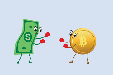 Currency vs cryptocurrency battle fiat dollar against bitcoin. - obrazy, fototapety, plakaty