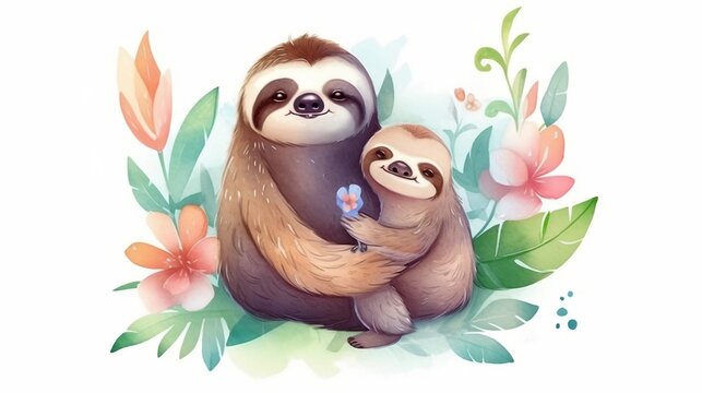 Card for Mother's Day. Mother sloth with baby sloth. Watercolor drawing. Generative AI