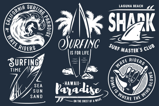Summer surfing print set with surfer on wave. shaka, tiki mask and surfboard. Vector colored t-shirt hawaii apparel design