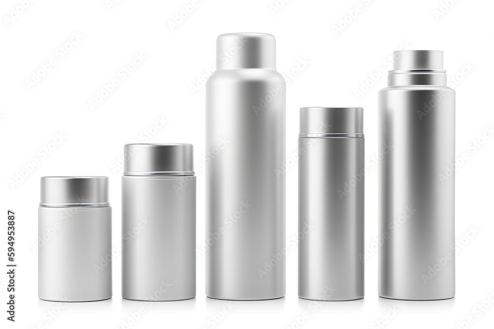 Poster three bottles of different sizes on a plain white background. generative ai