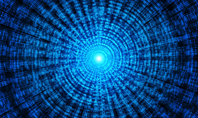 Binary Code backgrounds, a sequence of zero and one number as speed lines to a vanishing point on a blue background. Numbers of the computer matrix. The concept of coding and cybersecurity
