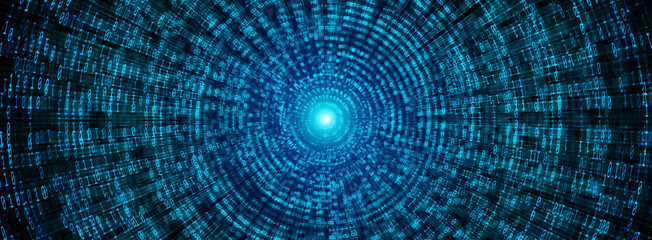 Fototapeta premium Binary Code backgrounds, a sequence of zero and one number as speed lines to a vanishing point on a blue background. Numbers of the computer matrix. The concept of coding and cybersecurity