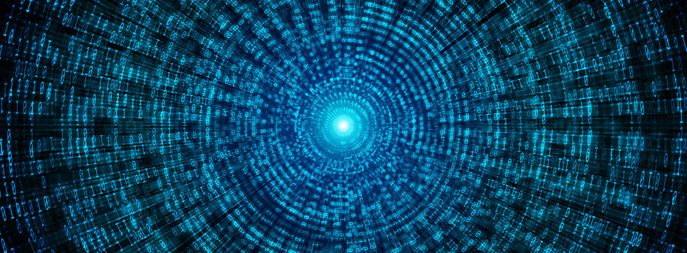 Binary Code backgrounds, a sequence of zero and one number as speed lines to a vanishing point on a blue background. Numbers of the computer matrix. The concept of coding and cybersecurity