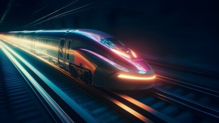 Obraz na płótnie Canvas High Tech and Futuristic Bullet train moving at a very high speed on railway track, generative ai