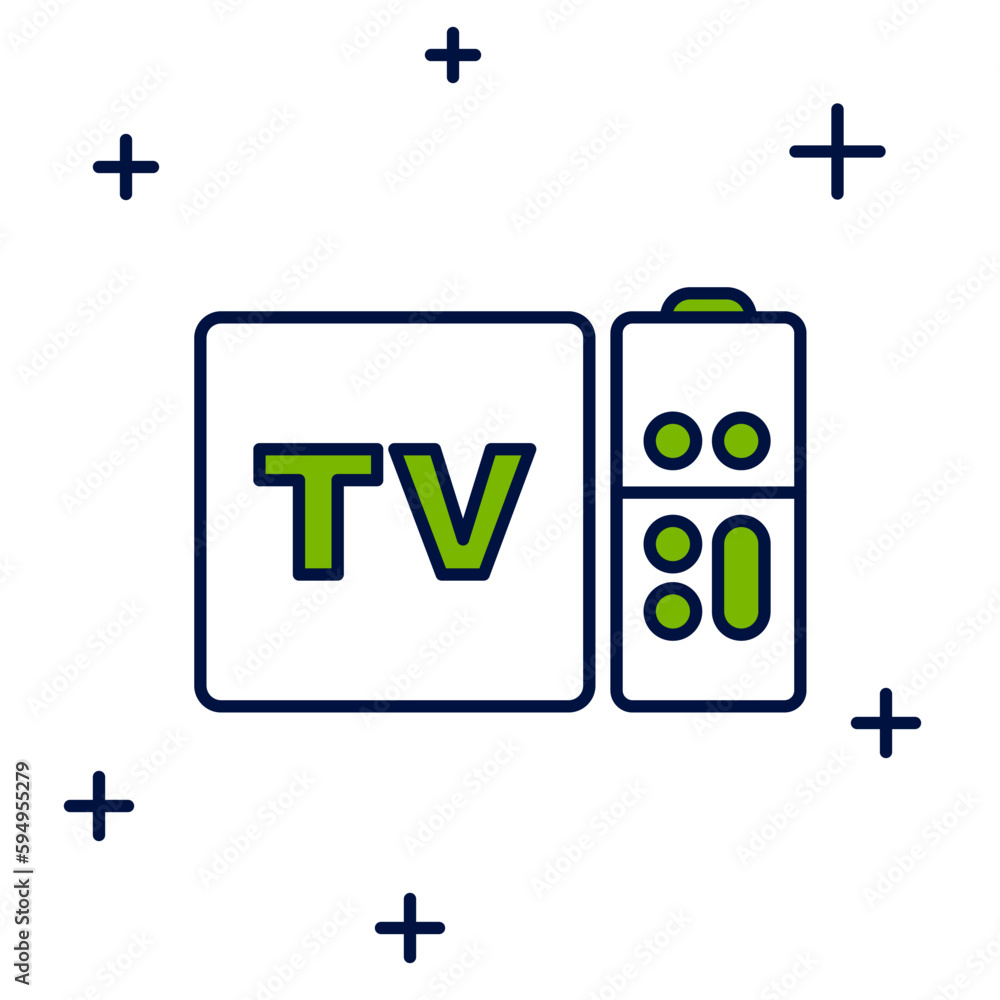 Poster Filled outline Multimedia and TV box receiver and player with remote controller icon isolated on white background. Vector
