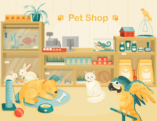 Pet Shop Illustration for kids. Pet supply store interior. Domestic animals in cartoon style. Vector EPS 10