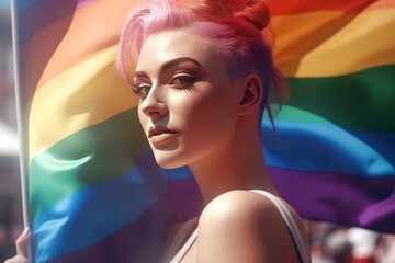 Fototapeta Beautiful lesbian model with pink hair and a rainbow flag at gay pride, banner fort pride month, created with generative ai obraz