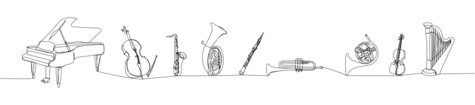 Instruments of the Orchestra set one line art. Continuous line drawing of grand piano, tuba, trumpet, french horn, violin, cello, harp
