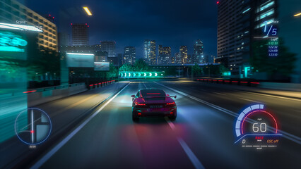 Gameplay of a Racing Simulator Video Game with Interface. Computer Generated 3D Car Driving Fast and Drifting on a Night Hignway in a Modern City. VFX Image Edit. Third-Person View. - obrazy, fototapety, plakaty