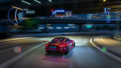 Gameplay of a Racing Simulator Video Game with Interface. Computer Generated 3D Car Driving Fast and Drifting on a Night Hignway in a Modern City. VFX Screengrab. Third-Person View.