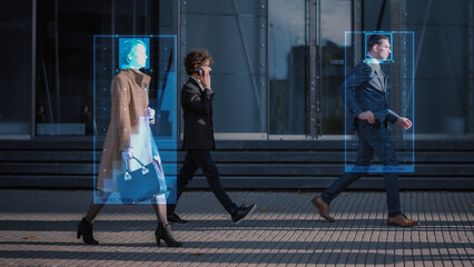 Crowd of Business People Tracked with Advanced Technology Walking on Busy Urban City Streets. CCTV AI Facial Recognition Big Data Analysis Interface Scanning, Showing Important Personal Information. - obrazy, fototapety, plakaty