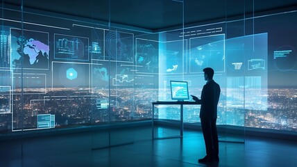 Modern Office and Futuristic Data Displayed on Cutting-Edge Touchscreen 