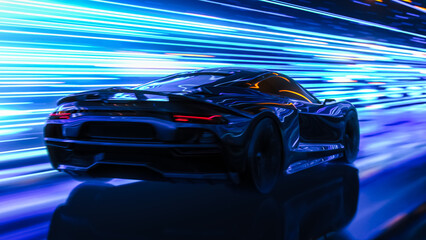 Obraz premium 3D Car Model: Sports Car Driving at on a Road on High Speed, Racing Through the Colorful Tunnel With Lights Reflecting Everywhere. Dark Supercar Driving Fast on Highway. VFX on Image.