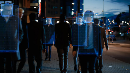 Crowd of Business People Tracked with Technology Walking on Busy Evening Urban City Street. CCTV AI Facial Recognition Big Data Analysis Interface Scanning, Showing Important Information.