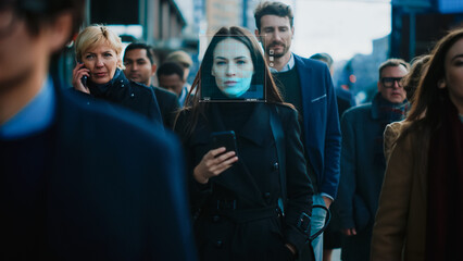 Businesswoman Scanned and Tracked with Technology Walking on Busy Urban City Street. CCTV AI Facial...