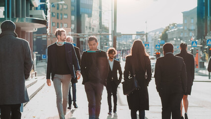 Crowd of Business People Tracked with Technology Walking on Busy Urban City Streets. CCTV AI Facial...