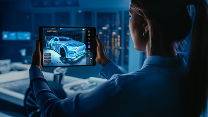 Automotive Engineer Working on Electric Car Chassis Platform, Using Tablet with Augmented Reality...