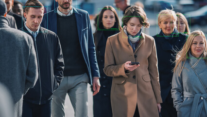 Crowd of Business People Tracked with Technology Walking on Busy Urban City Streets. CCTV AI Facial Recognition Big Data Analysis Interface Scanning, Showing Information. Surveillance Concept. - Powered by Adobe