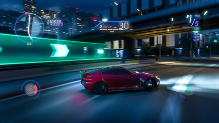 Fototapeta premium Gameplay of a Racing Simulator Video Game with Interface. Computer Generated 3D Car Driving Fast and Drifting on a Night Hignway in a Modern City Downtown. VFX Screengrab. Third-Person View.
