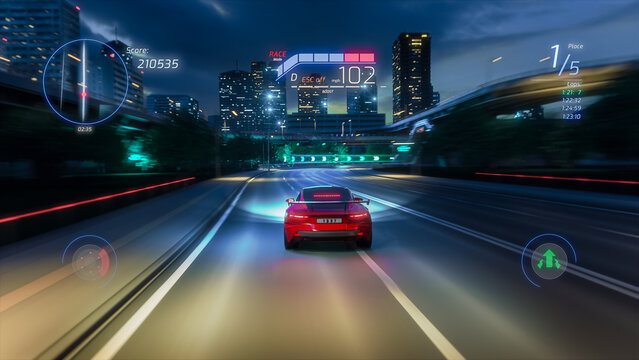 Gameplay of a Racing Simulator Video Game with Interface. Computer Generated 3D Car Driving Fast and Drifting on a Night Hignway in a Modern Futuristic City. VFX Screengrab. Third-Person View.