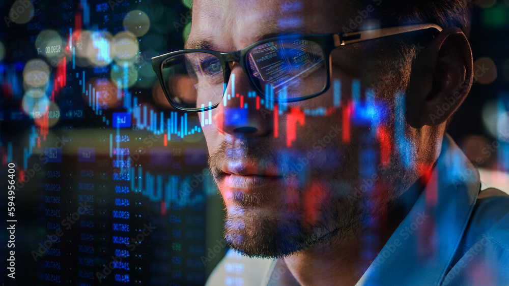 Poster stock market trader working investment charts, graphs, ticker, diagrams projected on his face and re