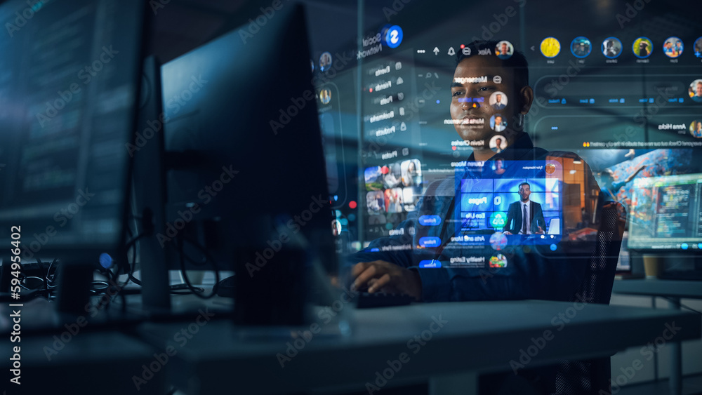 Poster Hologram Screens: Creative Indian Man Using Desktop Computer with Holographic Projection, Multiple Displays Show Websites, Video Streaming Services, Social Media Feed, e-Commerce, e-Learning Content