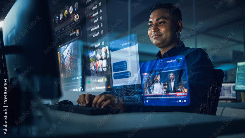 Poster futuristic computer user hologram screens concept: indian man login, use pc with holographic project
