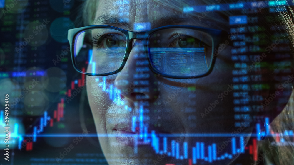 Leinwandbilder Portrait of Female Digital Entrepreneur Working on Computer, Line of Code Projected on His Face and Reflecting in Glasses. Focused Developer Working on e-Commerce App using AI and Big Data