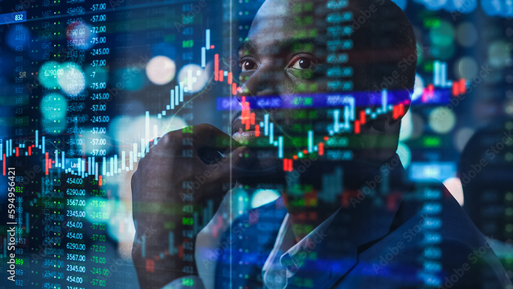 Poster portrait of black stock market trader doing analysis of investment charts, graphs, ticker numbers pr