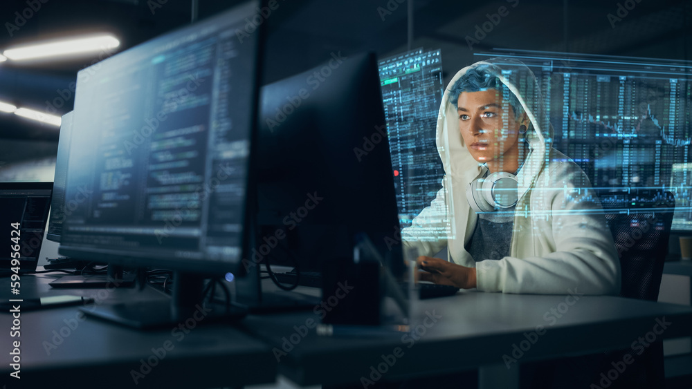 Fototapete Hologram Screens: Portrait of Young Female IT Specialist Working on PC with Holographic Projection, Multiple Displays Show Coding Language, Backend Programming, Software Creation, Product Development