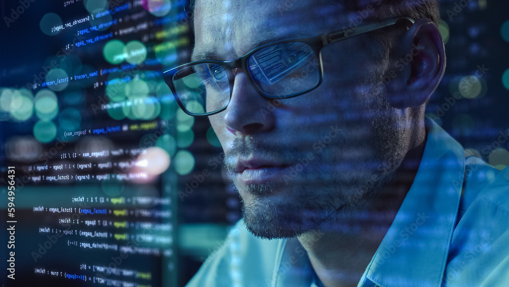 Poster Portrait of Startup Digital Entrepreneur Working on Computer, Line of Code Projected on Face and Reflecting in Glasses. Developer Working on Innovative e-Commerce App using AI and Open Data.