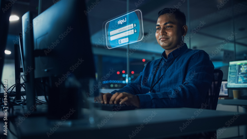 Poster futuristic computer user hologram screens concept: indian man login, use pc with holographic project