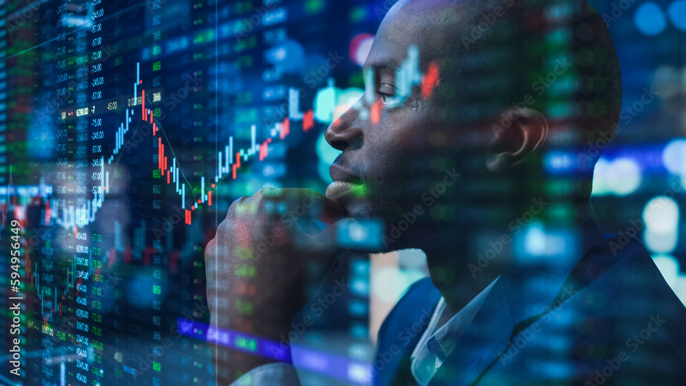 Poster portrait of black stock market trader doing analysis of investment charts, graphs, ticker numbers pr