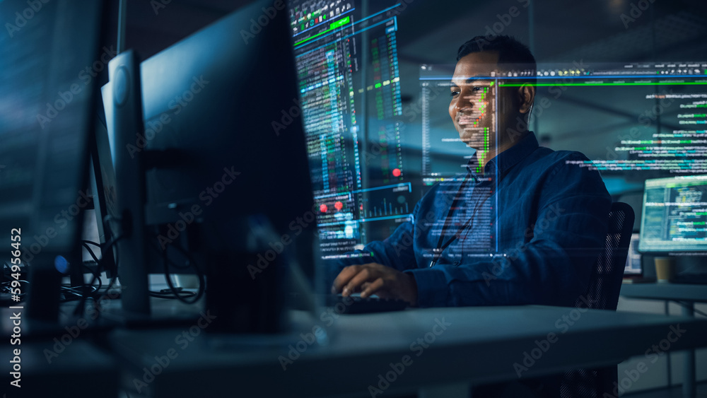 Leinwandbilder Futuristic Office with Hologram Screens: Professional Indian IT Programmer Working on Computer with Holographic Projection Showing Big Data, Charts. Asian Specialist Creating Innovative Software