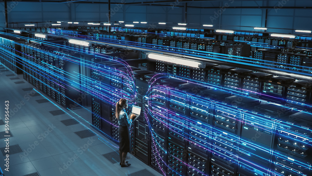Poster 3d graphics concept: big data center female chief technology officer using laptop standing in wareho