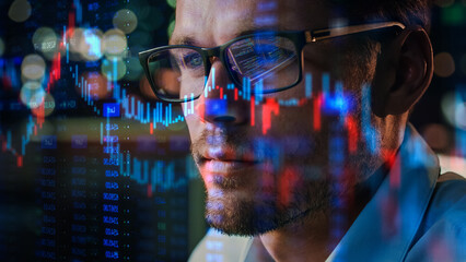 Stock Market Trader Working Investment Charts, Graphs, Ticker, Diagrams Projected on His Face and Reflecting in Glasses. Financial Analyst and Digital Businessman Selling Shorts and Buying Longs - obrazy, fototapety, plakaty