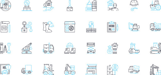 Construction crew linear icons set. Builders, Carpenters, Contractors, Roofers, Engineers, Masons, Electricians line vector and concept signs. Plumbers,Welders,Laborers outline illustrations