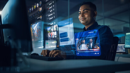 Futuristic Computer User Hologram Screens Concept: Indian Man Login, Use PC with Holographic...