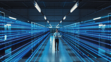 Futuristic 3D Concept: Data Center Chief Technology Officer Holding Laptop Standing In Warehouse,...