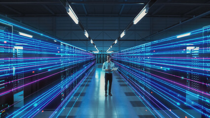 Futuristic Concept: Data Center Chief Technology Officer Using Laptop, Standing In Warehouse,...