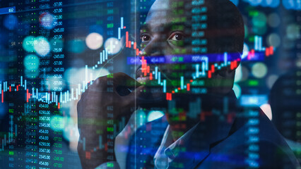 Fototapeta Portrait of Black Stock Market Trader Doing Analysis of Investment Charts, Graphs, Ticker Numbers Projected on His Face. African American Financial Analyst, Digital Entrepreneur Successfully Trading obraz